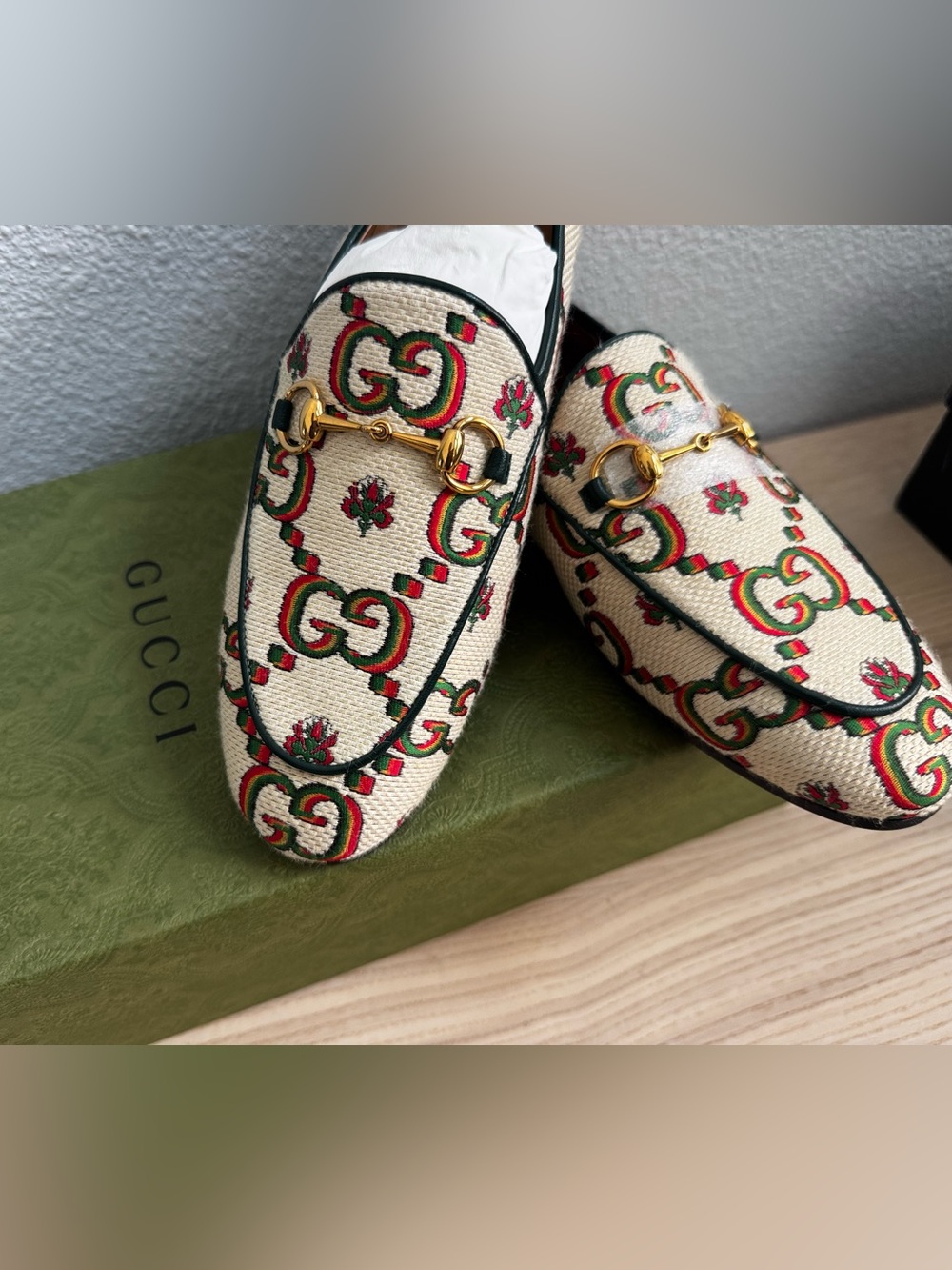 Gucci 100th Anniversary GG Floral Jacquard Horsebit Loafers 38.5